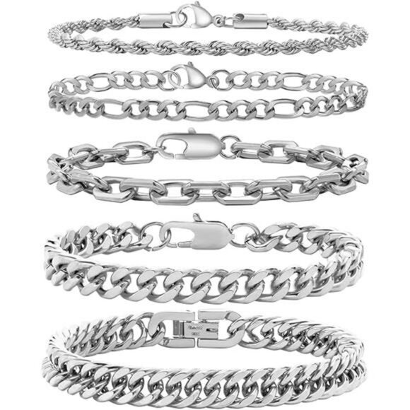 Mens Stainless Steel Chain Bracelet Set Cuban Link Figaro Rope Paperclip - Picture 7 of 7